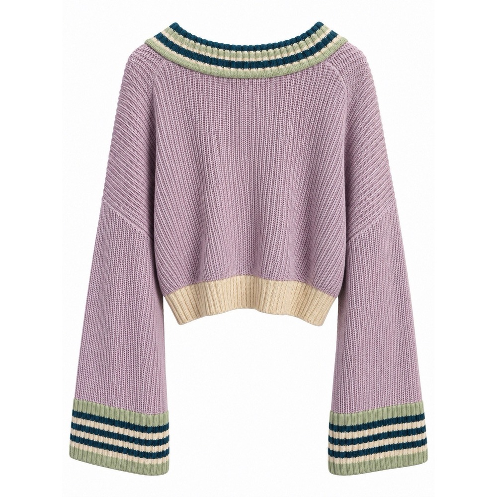 Grandmacore Y2K Cropped Cardigan Oversized Chunky Knit Striped Bell Sleeve XL - Picture 2 of 4